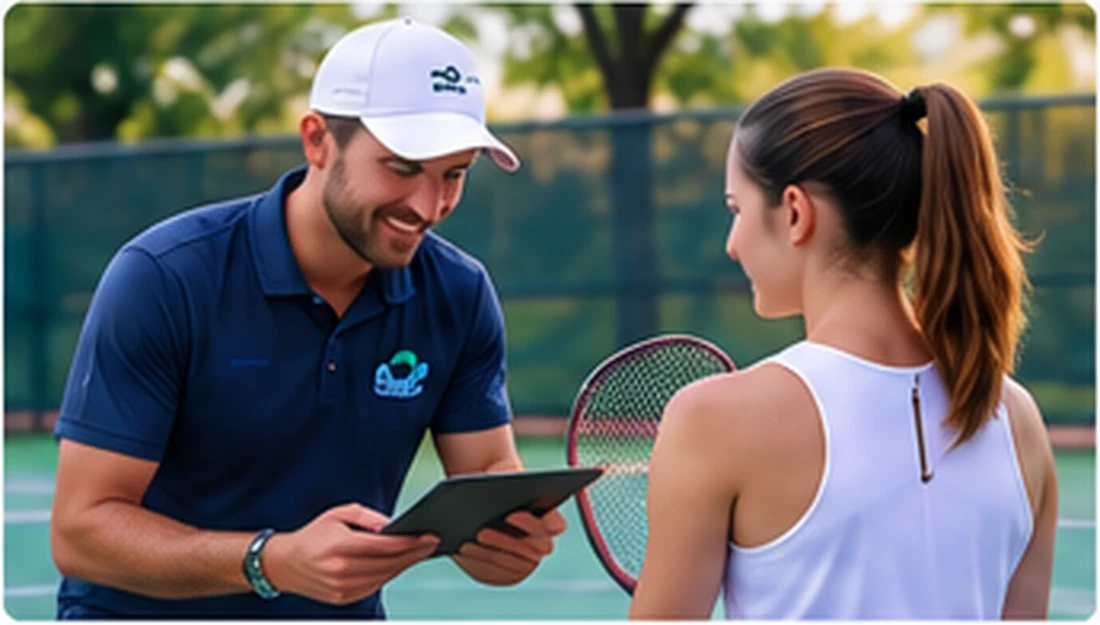 A tennis coach reviewing the day's schedule with a student at the net